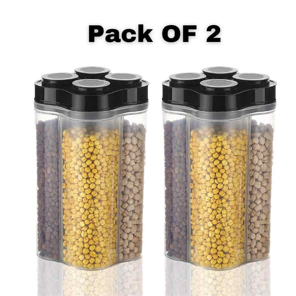 Airtight 4 Section Container Plastic 4 In 1 Masala Box for Kitchen, Kitchen Storage Jar Box (Black Pack Of 2)